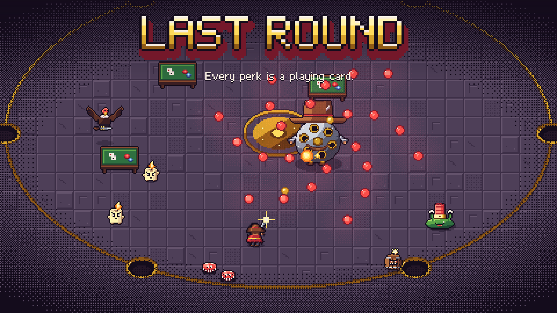 Last Round key art: the Drifter faces Old Six, a revolver-cylinder sheriff, inside a brass-ringed arena while red bullets spiral out. Candle and slug enemies close in.