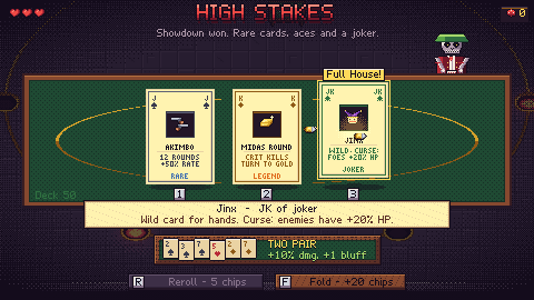 High Stakes after a Showdown: rare cards and a Joker.