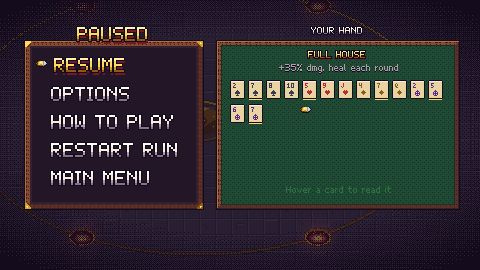 The pause menu shows your hand and every card in it.