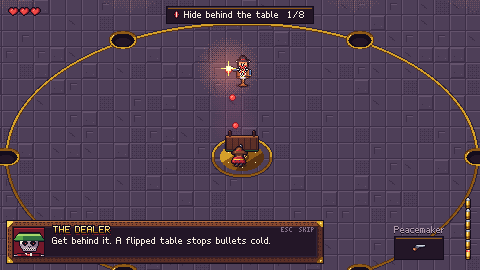 Practice with the Dealer. Hide behind a flipped table while a tin bandit empties his iron.